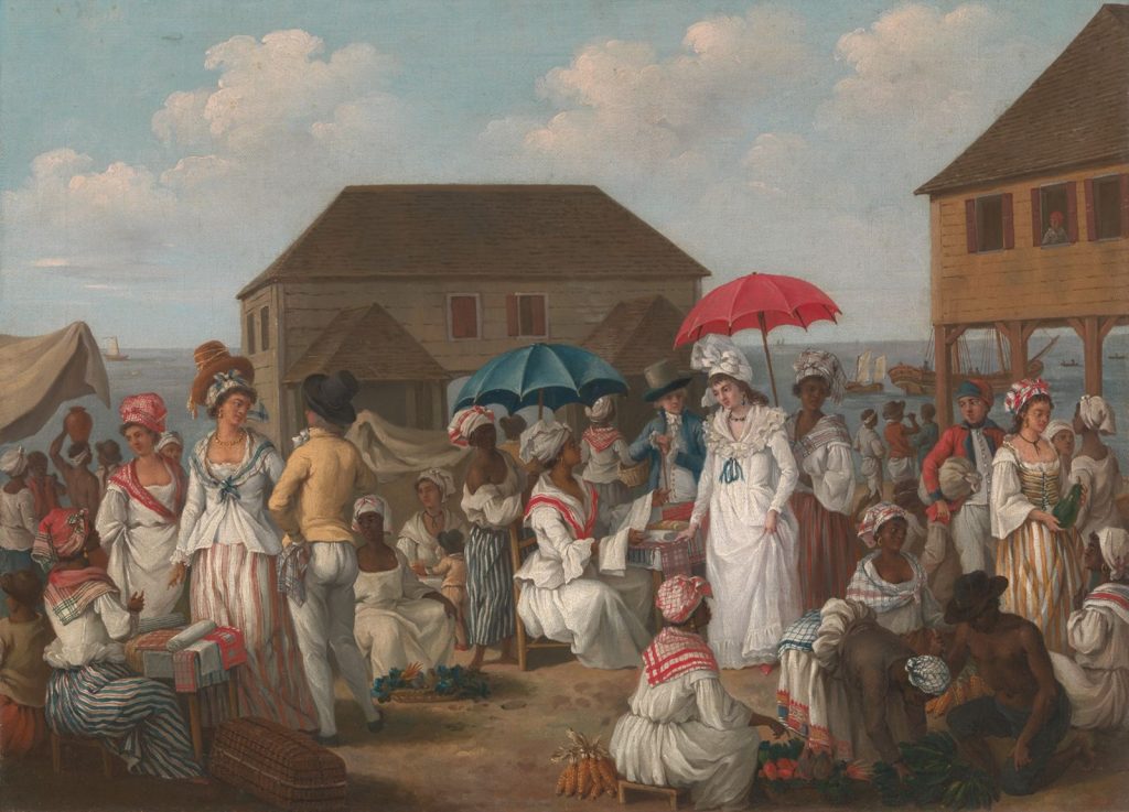 A busy open-air linen market in the Lesser Antilles, painted by Agostino Brunias around 1780