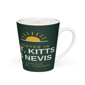 Rooted in St. Kitts and Nevis green latte mug, right view