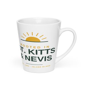 Rooted in St. Kitts and Nevis white latte mug, right view