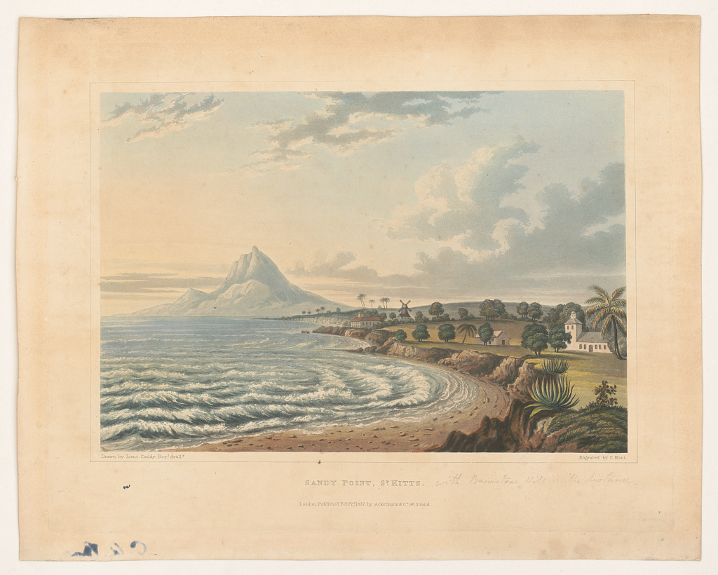 Hand-coloured 1837 aquatint of Sandy Point, St Kitts, with Brimstone Hill in the distance