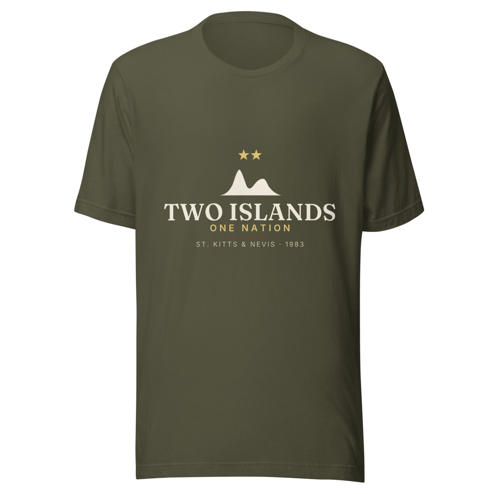 Two Islands. One Nation. St. Kitts & Nevis Independence T-Shirt — Military Green, cream and gold twin-peak artwork
